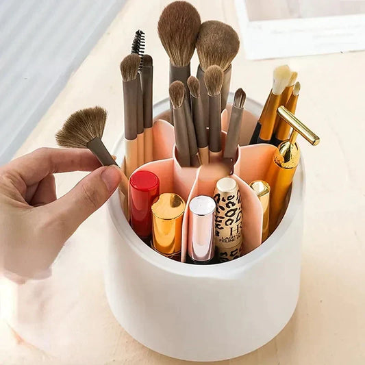 Rotating Makeup Brush Organizer, Desktop Makeup Brush Storage Bucket Cup Holder With Lid