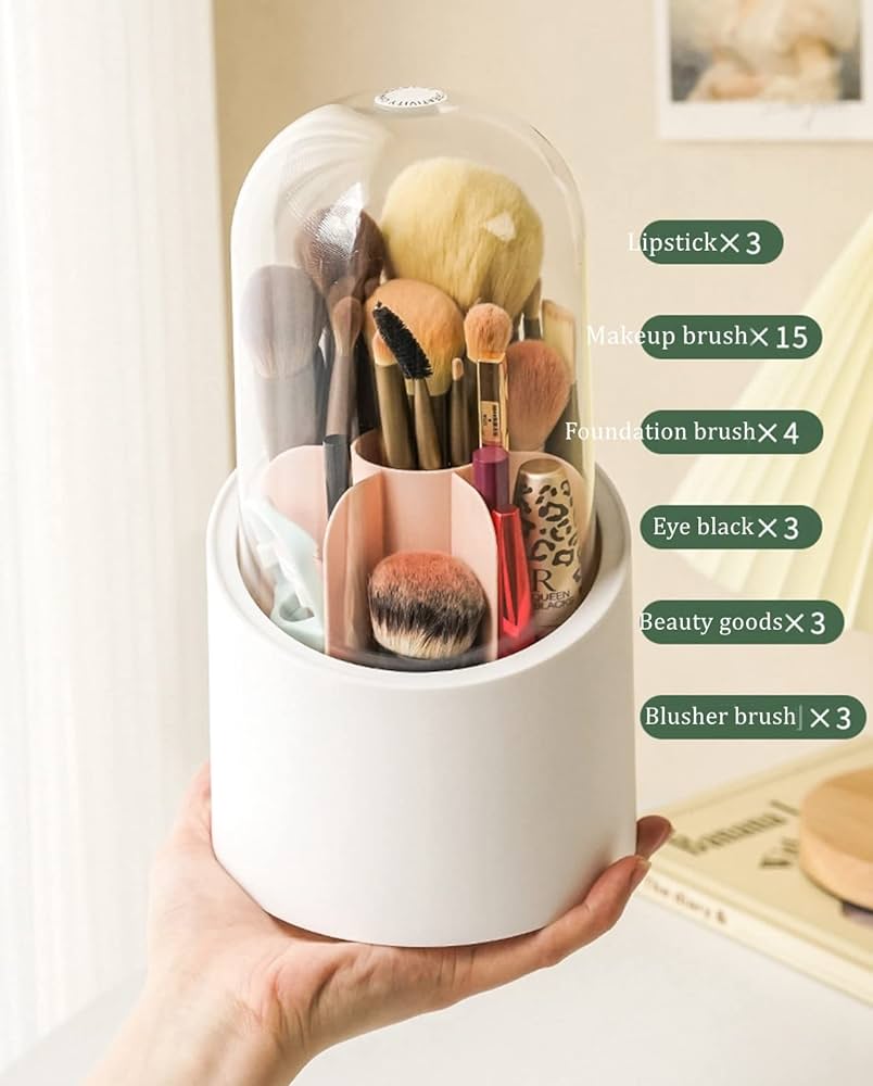 Rotating Makeup Brush Organizer, Desktop Makeup Brush Storage Bucket Cup Holder With Lid