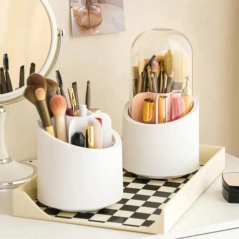Rotating Makeup Brush Organizer, Desktop Makeup Brush Storage Bucket Cup Holder With Lid